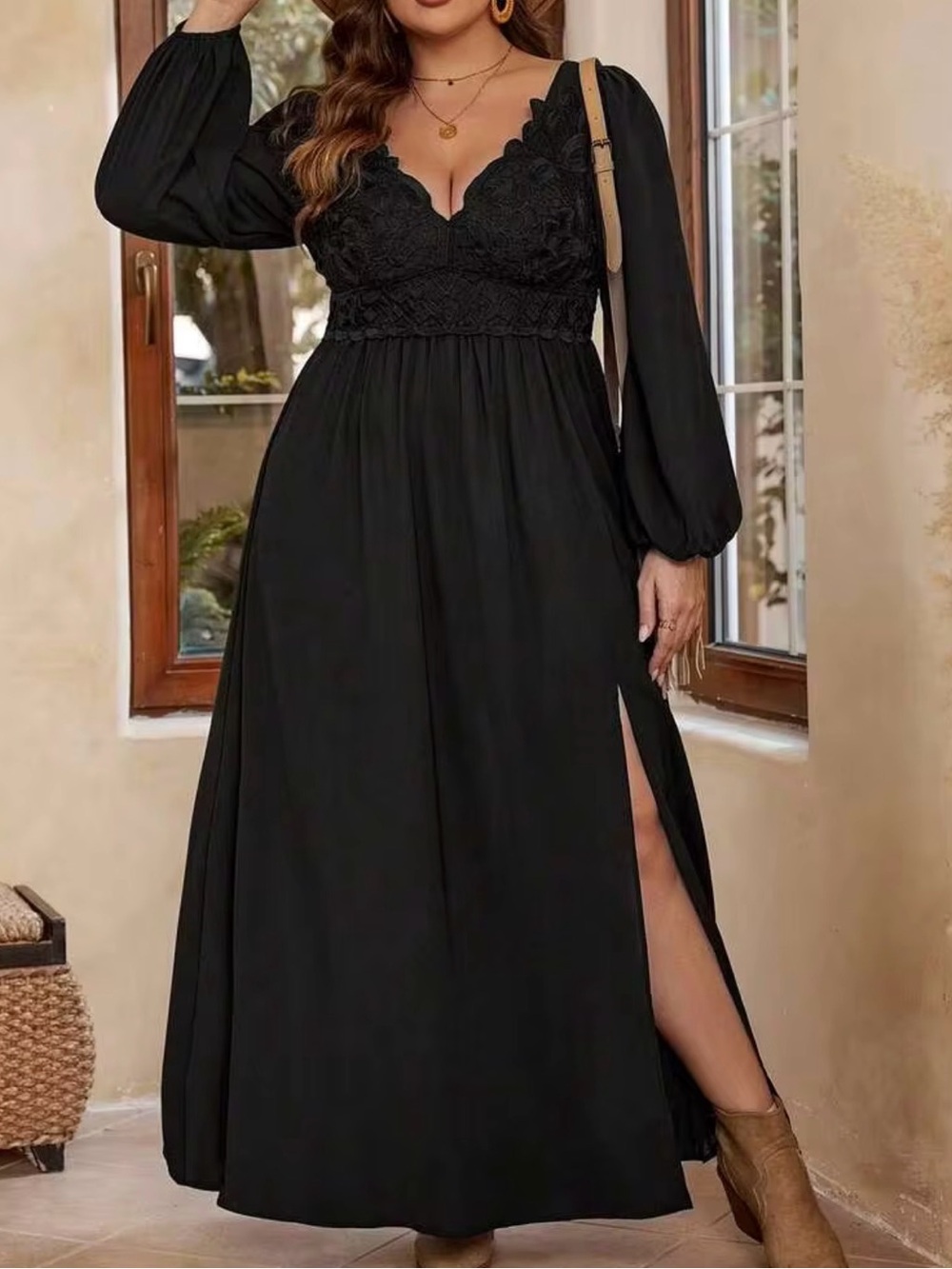 SHEIN VCAY PLUS BLACK LACE SPLIT THIGH MAXI DRESS